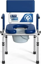 HolyHeal Drop Arm Bedside Commode, Commode Toilet with Padded Seat and Backrest