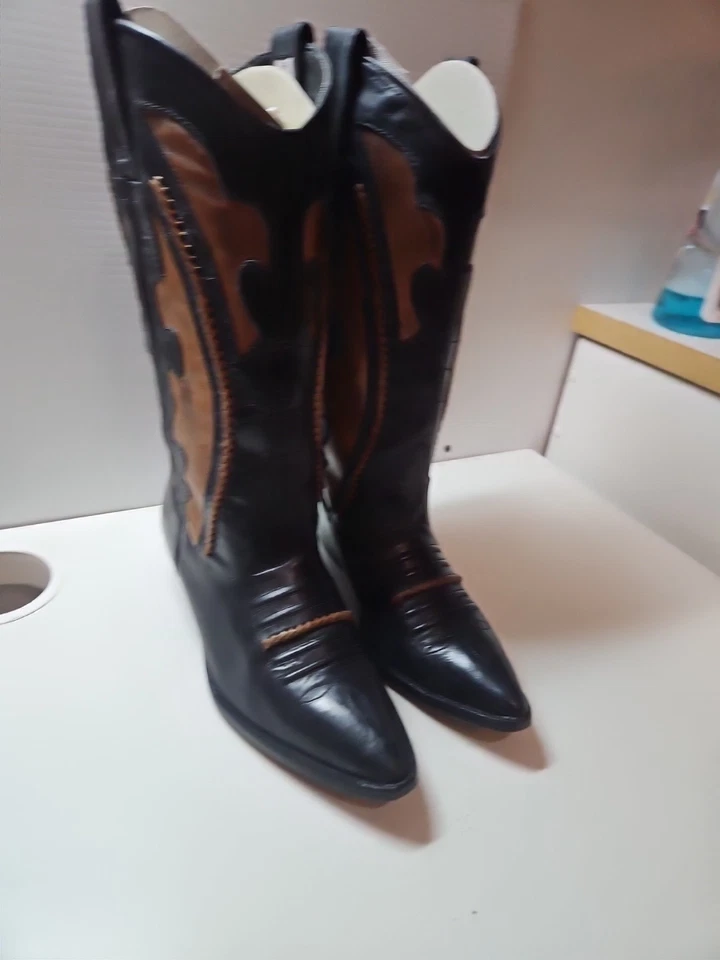 Circle S Botas Vaqueras Mujer 7.5 Hechas a Mano En Brasil Negro Marrón Corte Trenza De Colección Foto 4 de 4