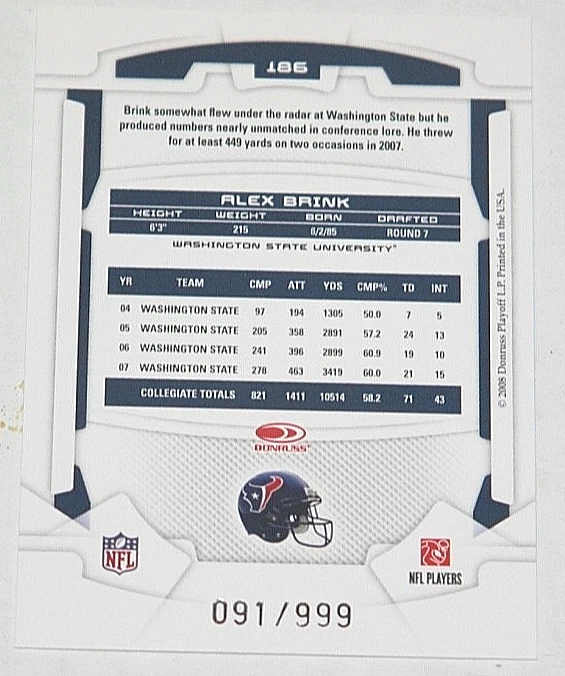 2008 Leaf Rookies & Stars Longevity #186 - Alex Brink (RC) 91/999 *  Texans  WSU - Image 2 of 2