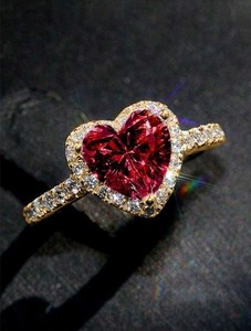 Authentic Gold-Plated Red Heart-Shaped CZ Ring With White/Colorless Inlay Size 9