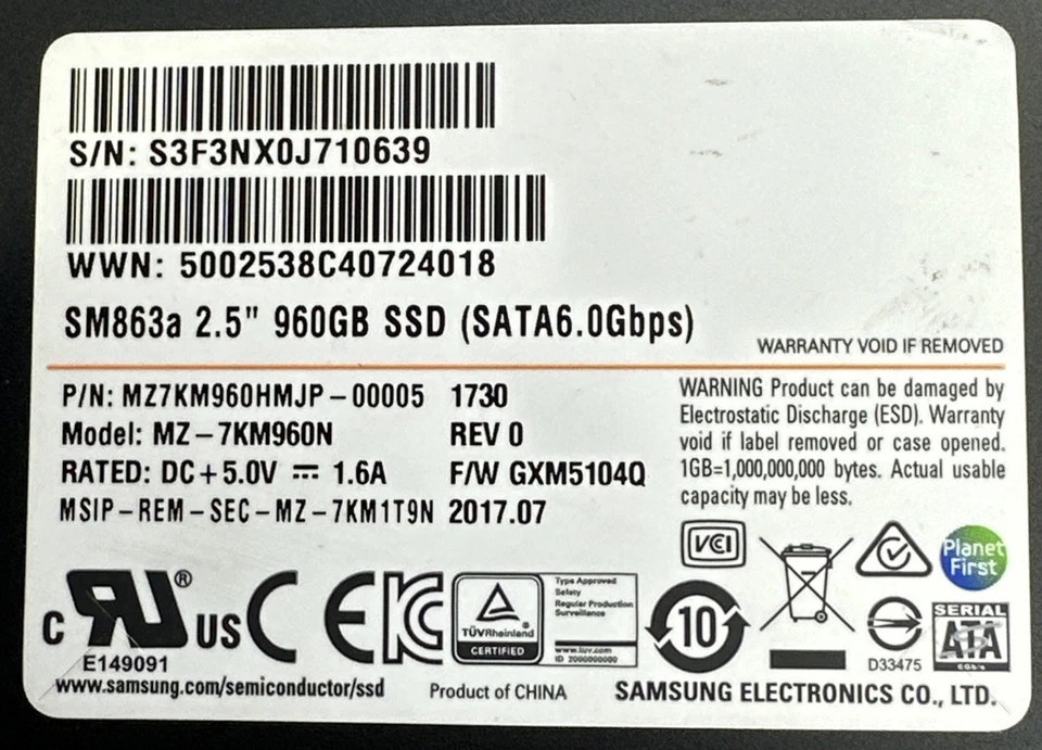 Samsung SM863a 960GB SSD 2.5” SATA Enterprise Drive MZ-7KM960N - Image 3 of 3