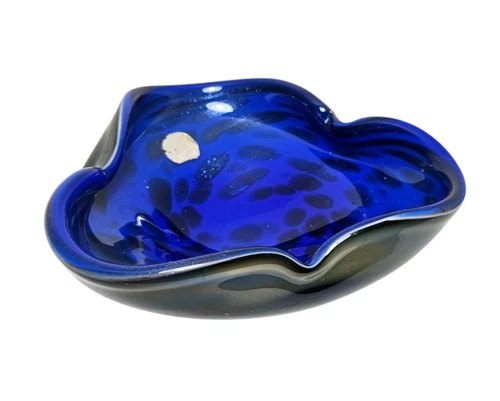 Vintage Murano Nasco Glass Dish Bowl Hand Made Italy Blue Gray Crimped Venetian