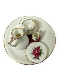 Miniature Porcelain Tea Set Floral Gold Trim 5 Piece Tray 3 1/2"