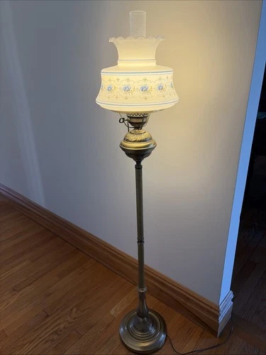 VINTAGE ABIGAIL ADAMS Blue Floral On Milk Glass HURRICANE FLOOR LAMP 55" COTTAGE