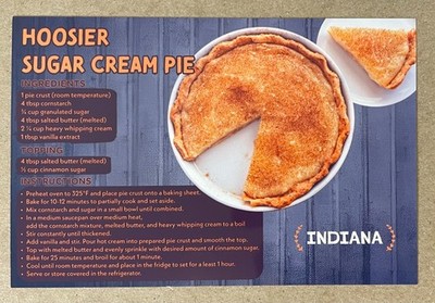 New postcard 4x6 Hoosier Sugar Cream Pie  Indiana 50 States Famous Recipe Series