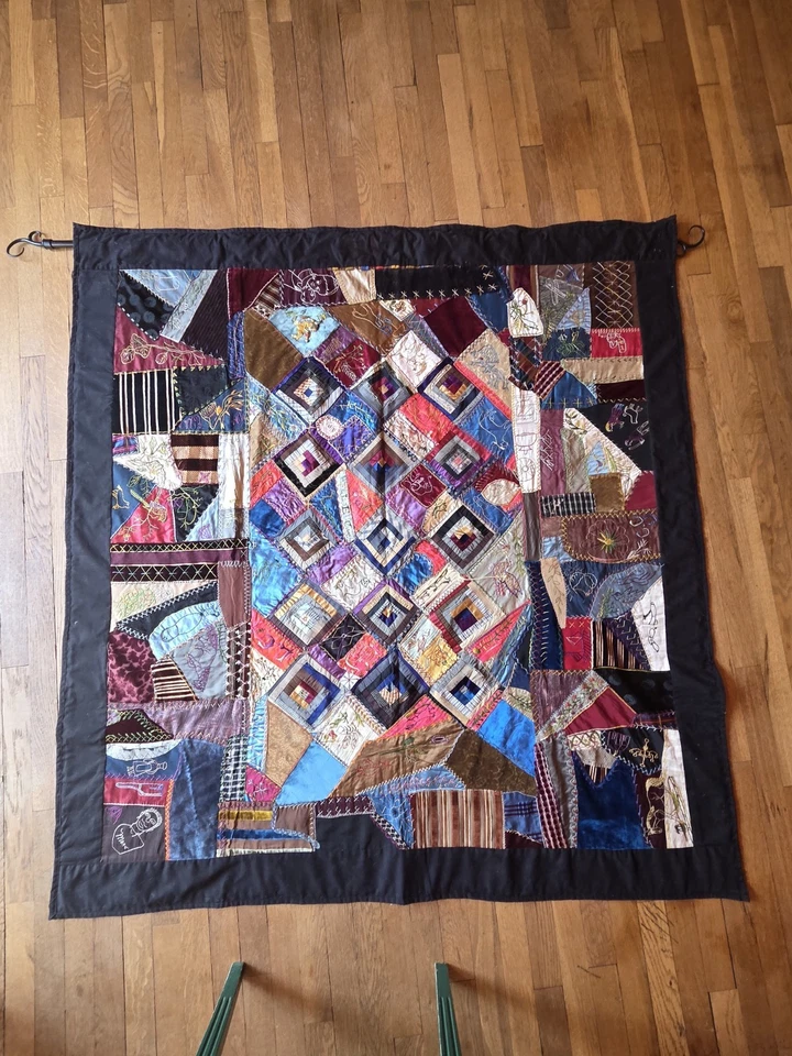 Unique Antique Hand Embroidered Folk Art Primitive Crazy Quilt W/ Shams 55 X 60 - Image 3 of 4