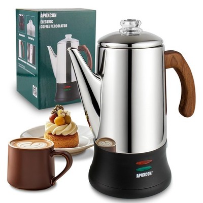 APOXCON Electric Coffee Percolator Stainless Steel 8 Cup, Wooden-8 Cup