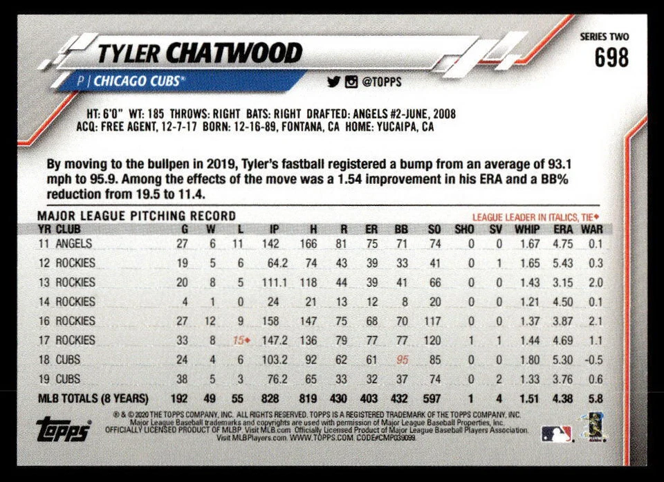 2020 Topps MINI Tyler Chatwood #698 Print Run ~402 Chicago Cubs - Image 2 of 2
