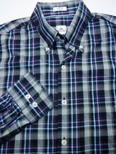 PETER MILLAR BUTTON DRESS SHIRT -M- BLACK BLUE WHITE PURPLE CHECK GOLF NANOLUXE