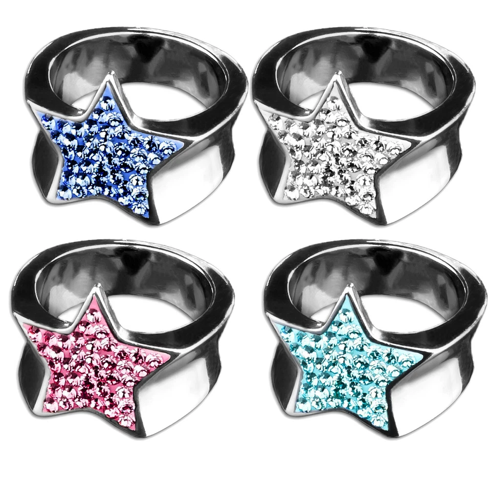 Edelstahl Ring Stern Zirkonia Strass Rockabilly Fingerring Star Sterne RS32 - Bild 1 von 1