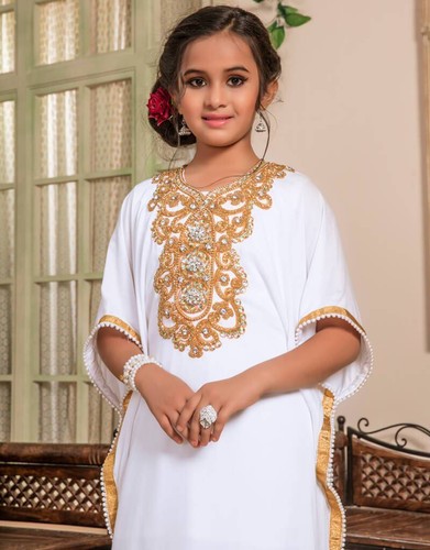 Party Moroccan Kids White Dress Abaya Long Kaftan New Gown Wedding Georgette - Picture 2 of 4