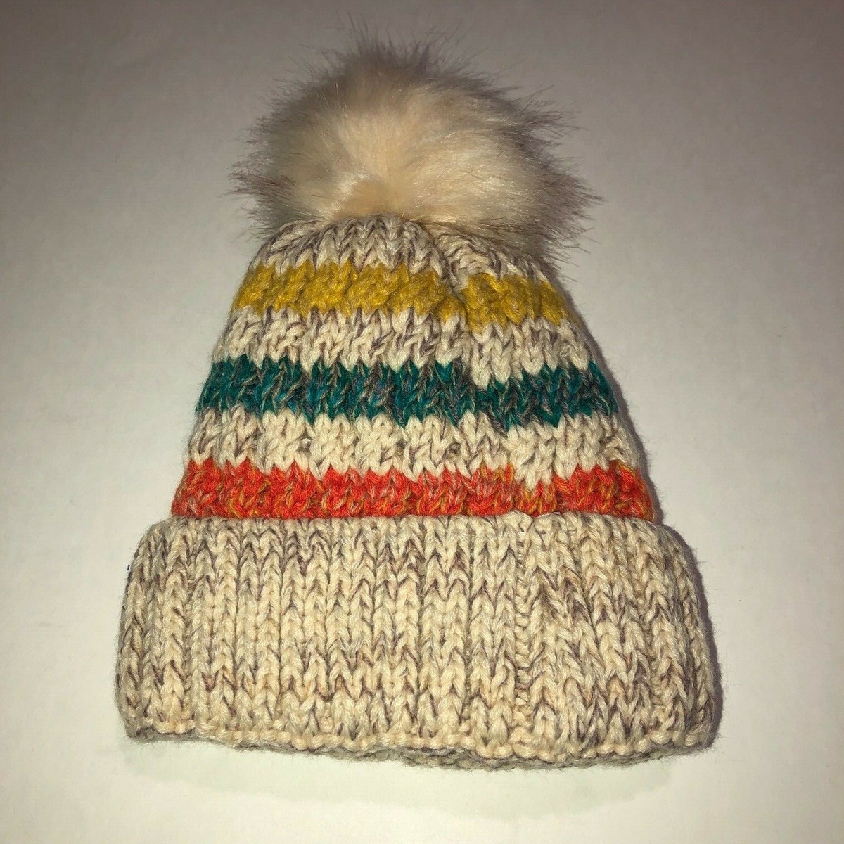 Pom Pom faux fur ribbed striped beanie hat Adult Knit Pom Hat | Black + Off White Stripe Beanie | b.e.happe main image 3