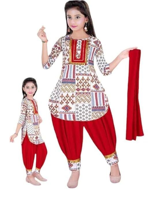 Baby girl kurta and Salwar With Red chunni Set Printed Kurti Solid Salwar