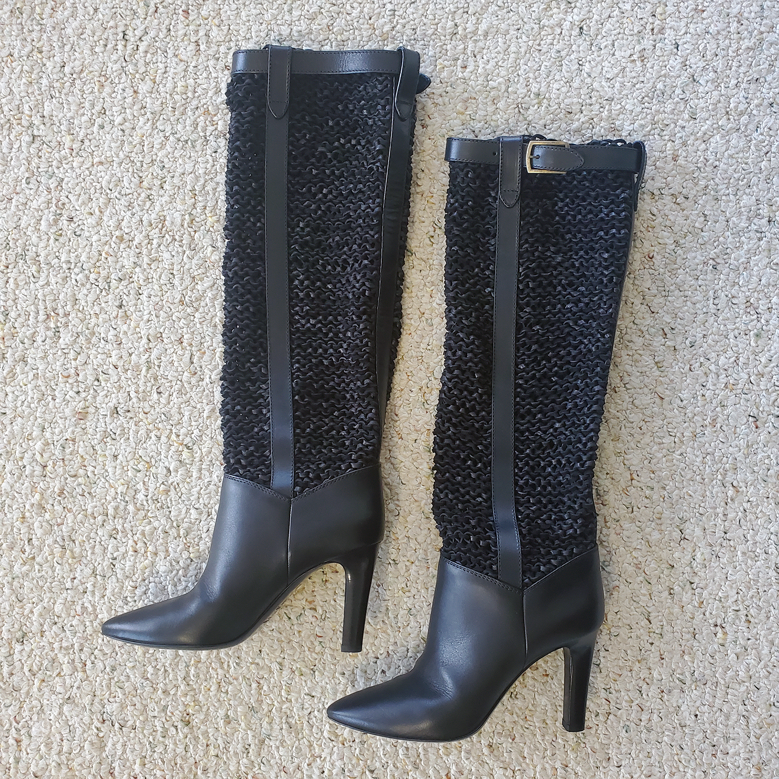 Stivali al ginocchio YSL Saint Laurent in pelle di vitello intrecciata Kim 90 neri taglia 39 (US 9)