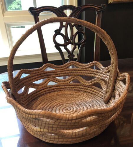Vintage PINE NEEDLE Round Basket with Handle 10" x 12” Michoacán Oaxacan NICE! - Picture 1 of 13