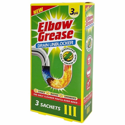 3 x Sachets Elbow Grease Drain Unblocker Sink Bath Shower Dissolves