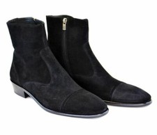 Handmade Men Black Cap toe Ankle boots, Men side zipper classic ankle high boots