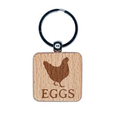 Eggs Text with Chicken Farm Engraved Wood Square Keychain Tag Charm