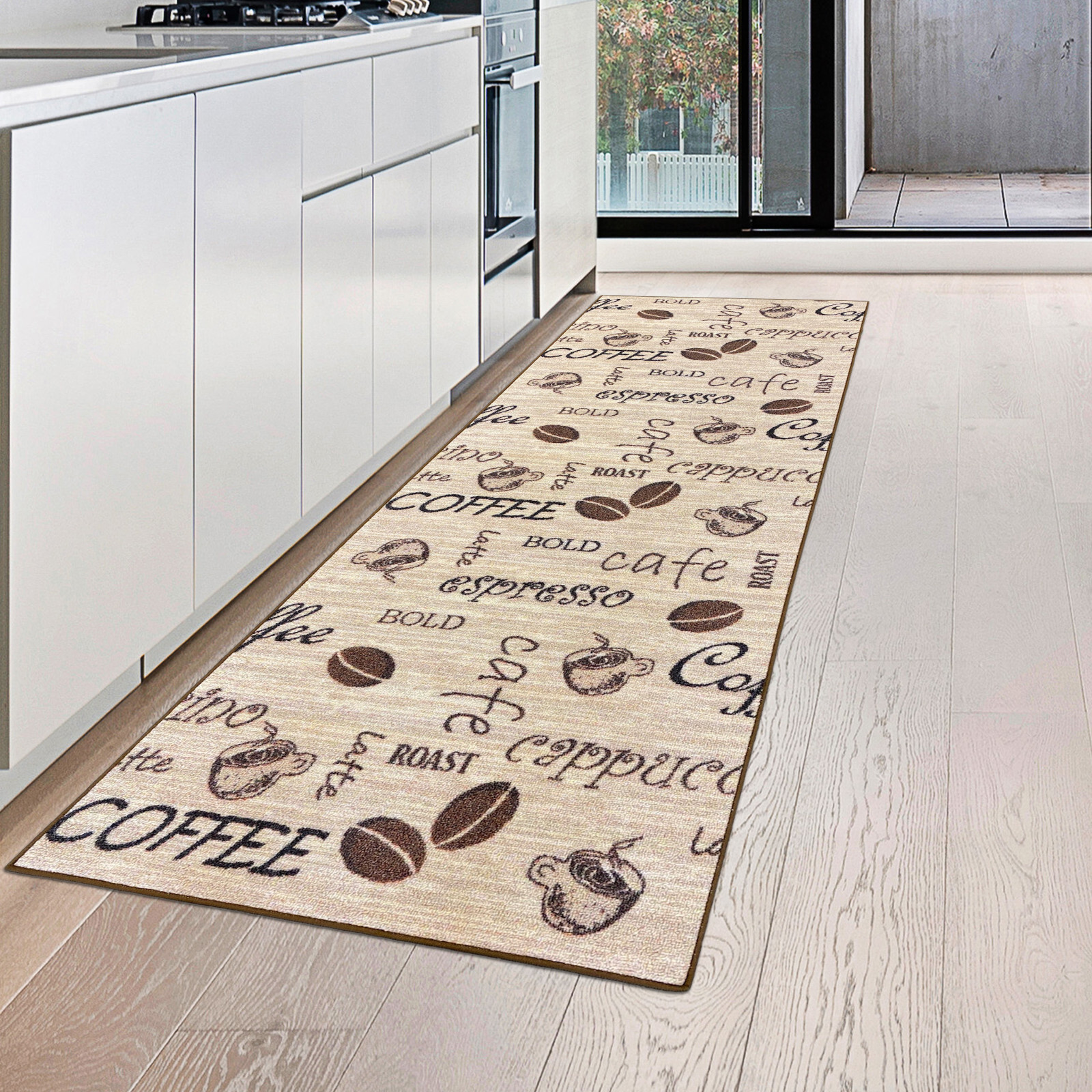 Teppich Läufer Küche beige Coffee Latte Cappucino Schriftzug braun