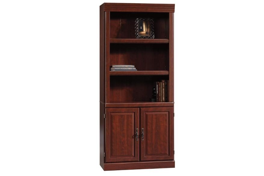 Cherry Finish 5 Shelf Bookcase Doors Bookshelf Book Case Shelves Hidden Storage