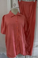 I.N. Studio Womens Linen Blend Pant Set 14 Coral Pink 2pc Short Sleeve Top Large