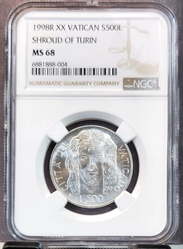 1998 VATICAN SILVER 500 LIRE SHROUD OF TURIN NGC MS 68 HIGH GRADE GEM BU