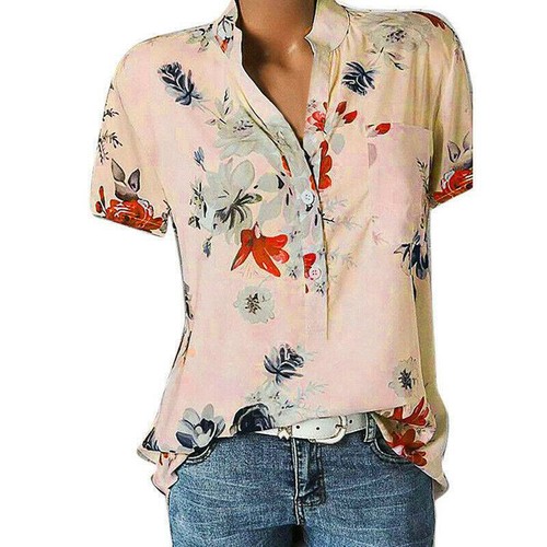 Womens Casual Floral shirt Oversize Button Shirt Summer Beach V-Neck Travel - Picture 7 of 11