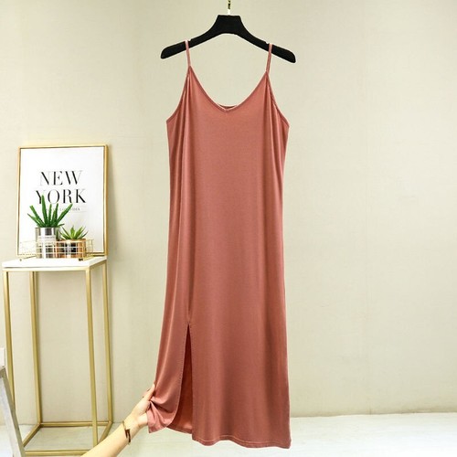 Modal V-Neck Women Nightdress Summer Sleeveless Dress with Slit Hem Lounge Wear - Picture 20 of 22