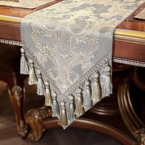 Luxury 108" Jacquard Table Runner with Handmade Tassels - Gray Floral Design - Picture 3 of 9