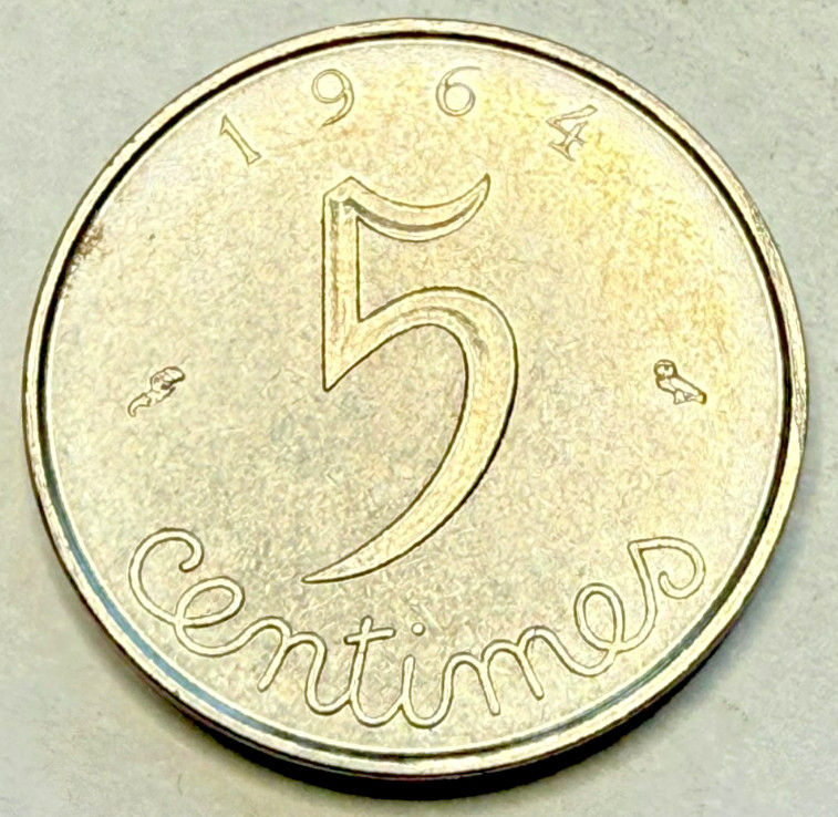 1964 France 5 Five Centimes XF Extremely Fine Actual Coin