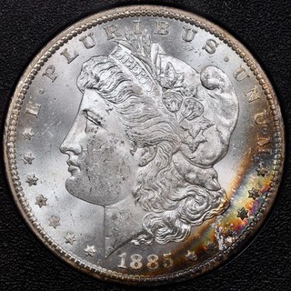 1885 CC GSA Hardpack Morgan dollar NGC MS63 rainbow crescent DavidKahnRareCoins