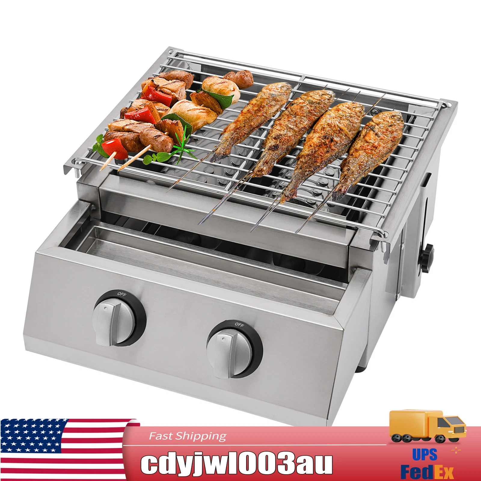 Portable 2 Burner Gas BBQ Grill Tabletop Camping Smokeless Grill Stainless Steel