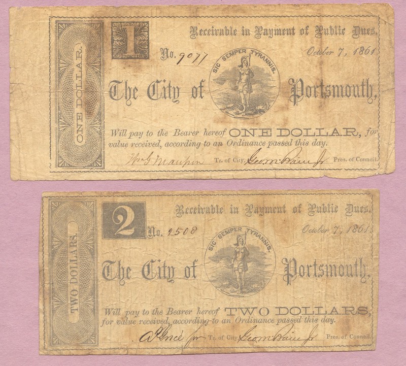 1861 City of Portsmouth (VA) One Dollar, Two Dollars, Virginia