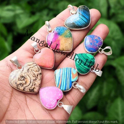 Malachite & Mix Gemstone Heart Pendants Lot 925 Sterling Silver Plated Jewellery - Image 2 of 4