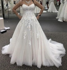 White Strapless Lace Embroidered Ball Gown Wedding Dress with Train, Tulle