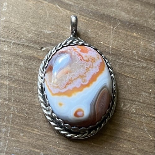 Oval Lake Superior Agate Cabochon Bezel Set sterling Silver Pendant, Michigan