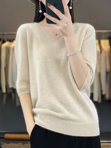 Women V-Neck T-shirt Half-Sleeve Pullover Sweater Spring Knitwear Fashion Tops - Picture 24 of 32