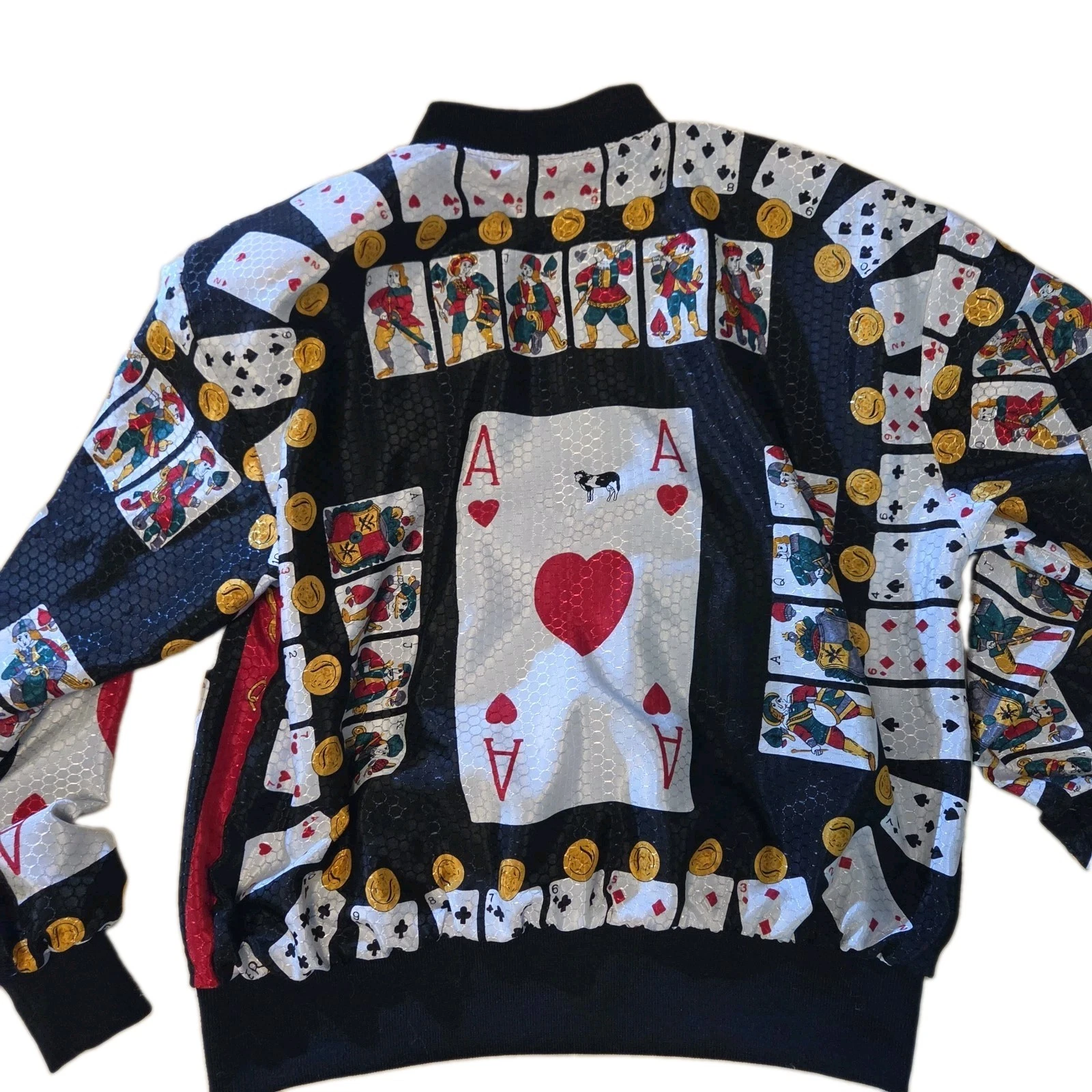 Large vintage 80s playing card and coin print zip bomber jacket - product detail image 3