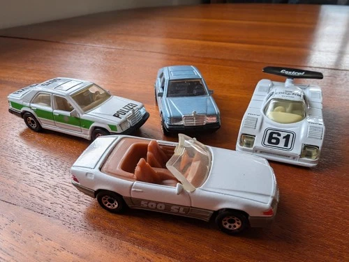 Vintage Matchbox model cars, Mercedes Benz 300E polizei 500SL Sauber group C