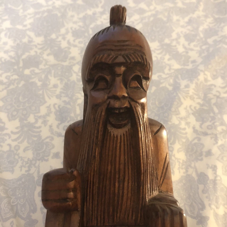 ANTIGUA ESTATUA CHINA ASIÁTICA TALLADA A MANO MADERA ESTATUILLA "HOMBRE CON CESTA" Foto 2 de 4