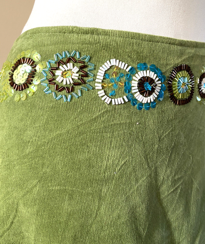 Women’s Corduroy Boho Hippie Skirt S 10 Olive Green Sequins Beading - Foto 6 di 7