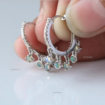 Ethiopian Opal & Natural Pave Diamond Shake Drop Hoops Earrings 14k Yellow Gold 