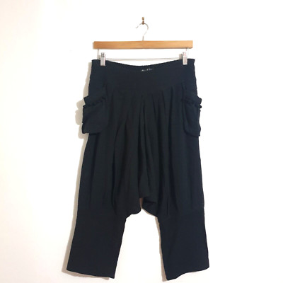 Ishka Pants Sz L Black 100% Cotton Harem 3/4 Length Big Pockets Elastic Waist