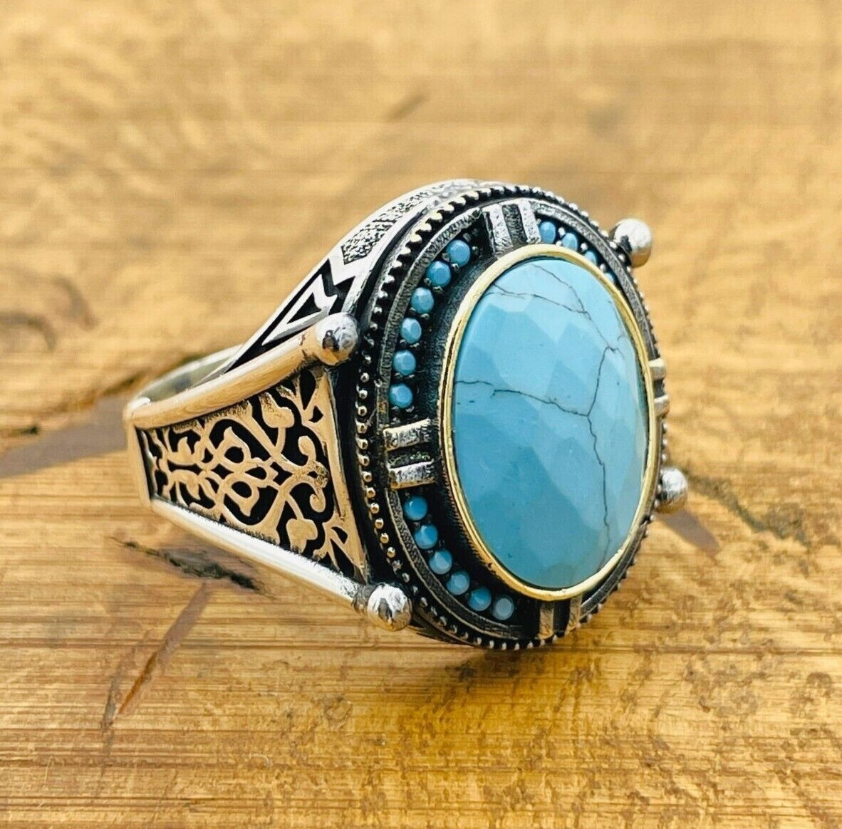 Men Sterling Silver Ring, Blue Turquoise Stone Ring, 925K Mens