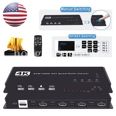 4K HDMI Multi-Viewer 4x1 HDMI Quad Screen Multiviewer KVM Switch with Remote US