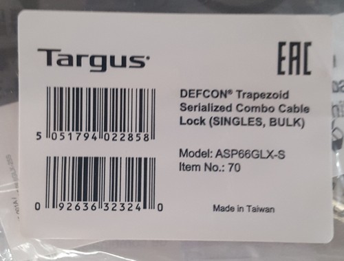 Targus DEFCON ASP66GLX-S Trapezoid Serialized Combo Cable Lock - 第 2/2 張圖片