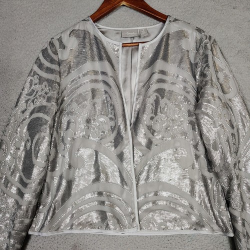 Chico's Travelers Jacket Womens 1 Gray Silver Sequin Open Front Crop Preppy - Picture 4 of 12