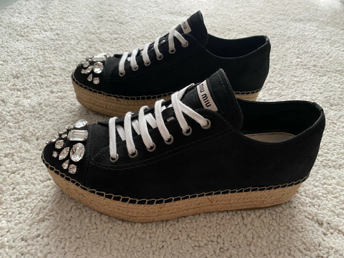 Miu Miu Crystal Embellished Black Suede Platform Sneakers Miu Miu Crystal Embellished Black Suede Platform Sneakers