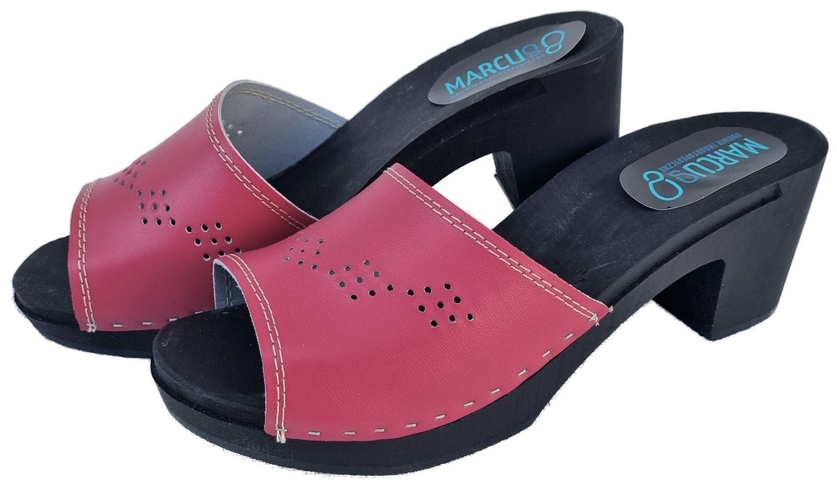 Moderne High Heels HOLZ CLOGS Holz Pantolette Rinds Leder