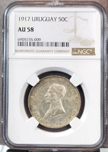 1917 URUGUAY SILVER 50 CENTESIMOS JOSE ARTIGAS NGC AU 58 RARE HIGH GRADE BEAUTY